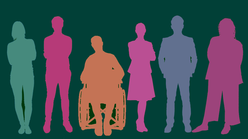 animated picyure few people standing and one on a wheelchair