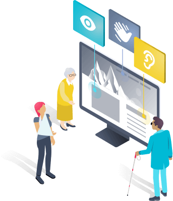People with different disabilities looking at a webpage