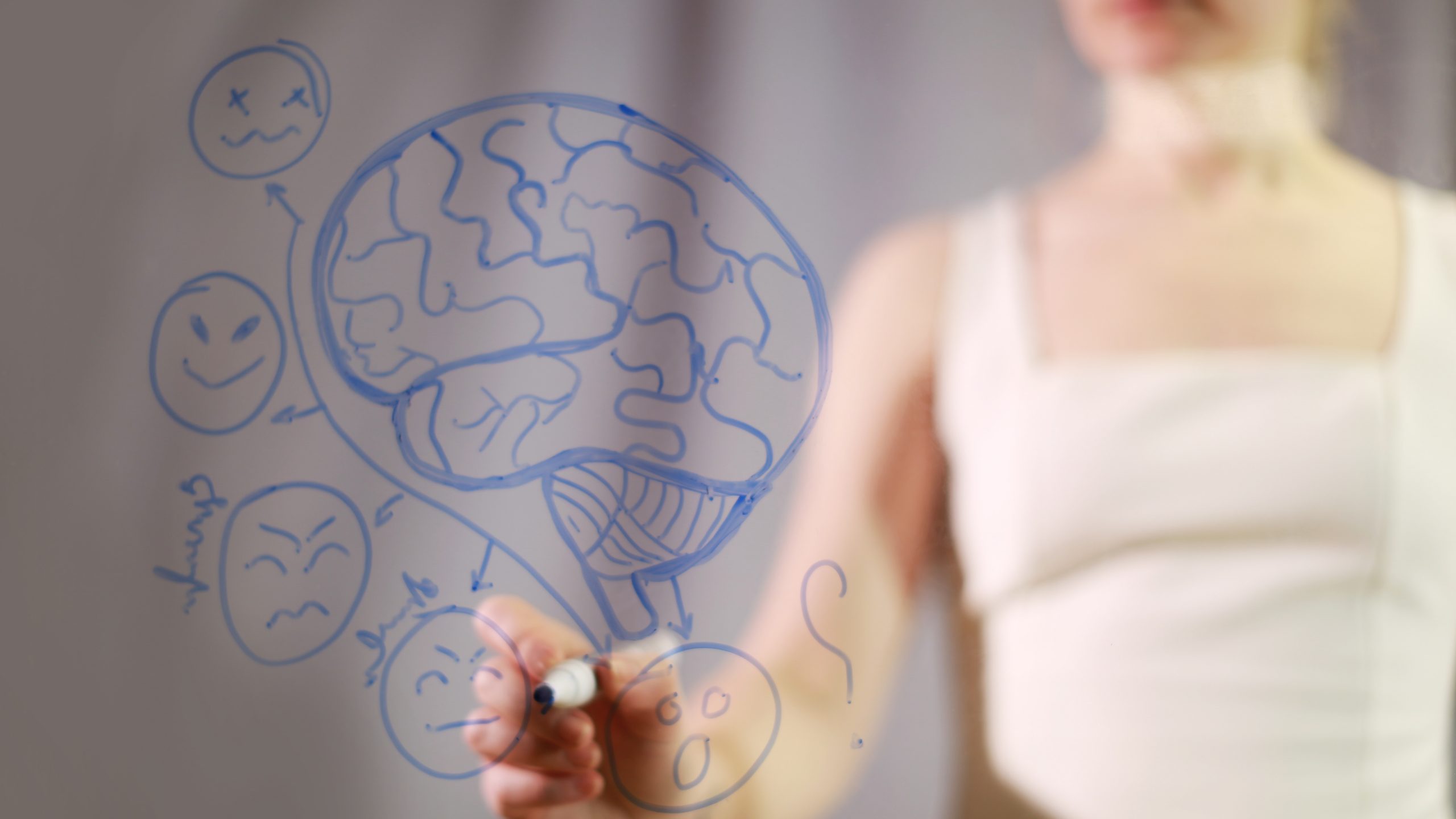 a woman drawing a brain for brainstorm