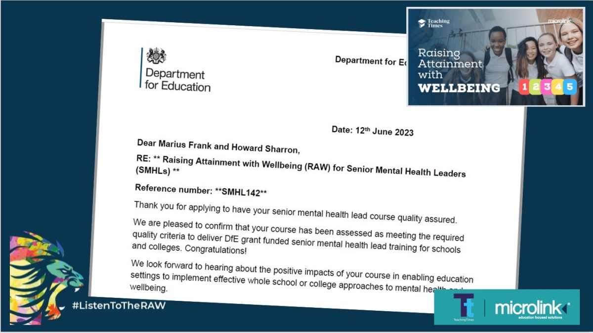 Alt text for graphic: The Department for Education is pleased to confirm that your course has been assessed as meeting the required quality criteria to deliver DfE grant-funded senior mental health lead training for schools and colleges. Congratulations!